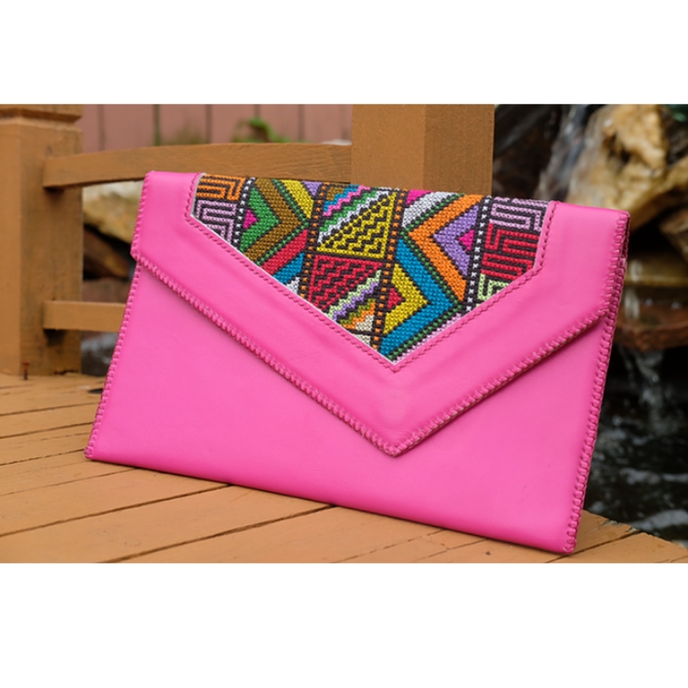 Pink Leather Ethnic Clutch